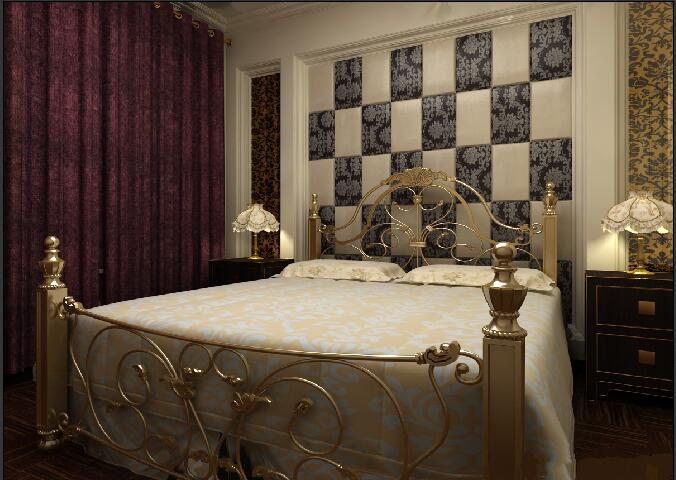沧州祥和家园欧式复古卧室铁艺床方格床头背景墙窗帘效果图